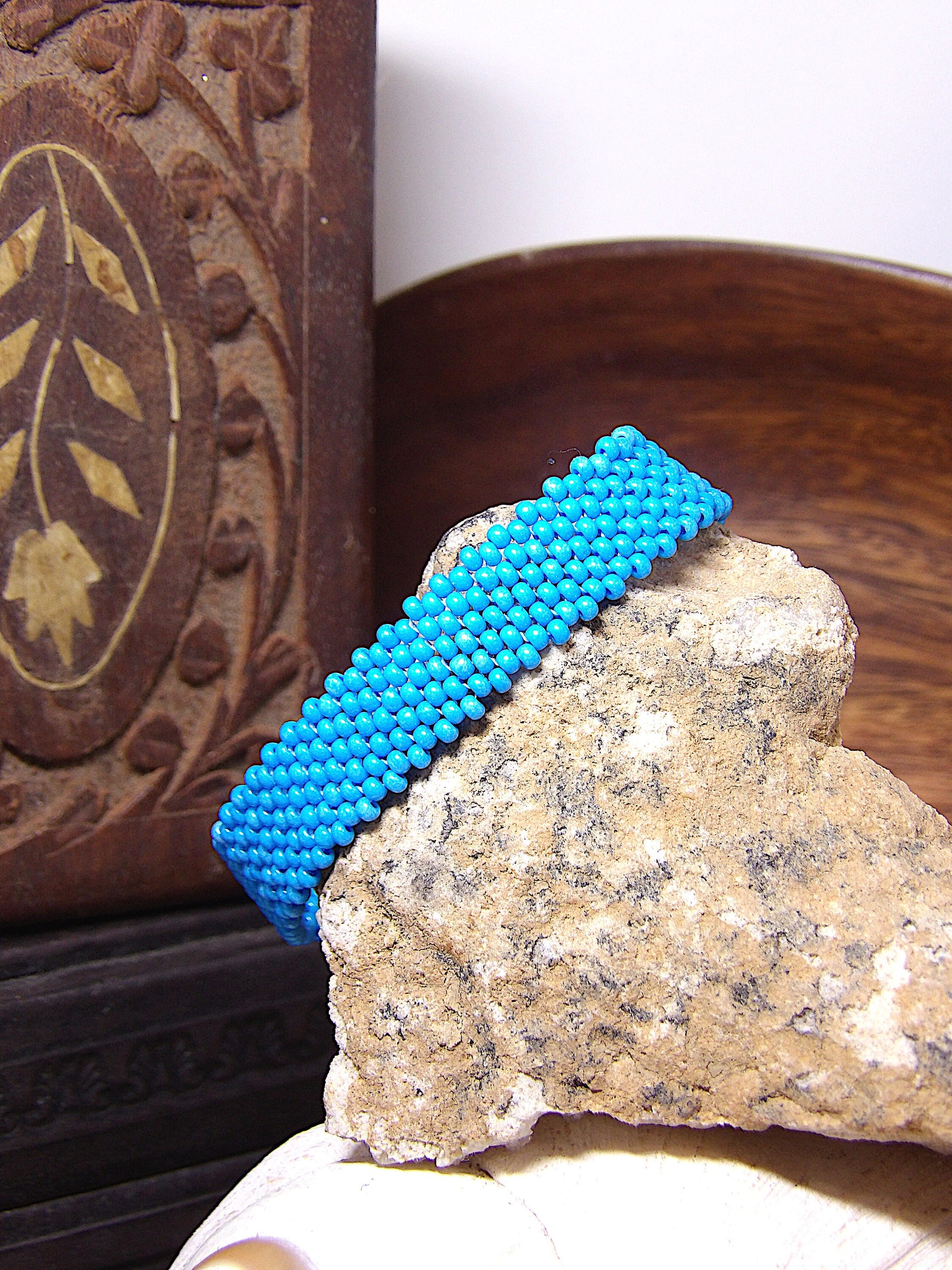 Blue Turquoise Czech Glass Seed Bead Bracelet w/Gold Filigree Box Clasp | Beaded Boho Cuff Bracelet | Woven Bohemian Jewelry | Boutique Gift