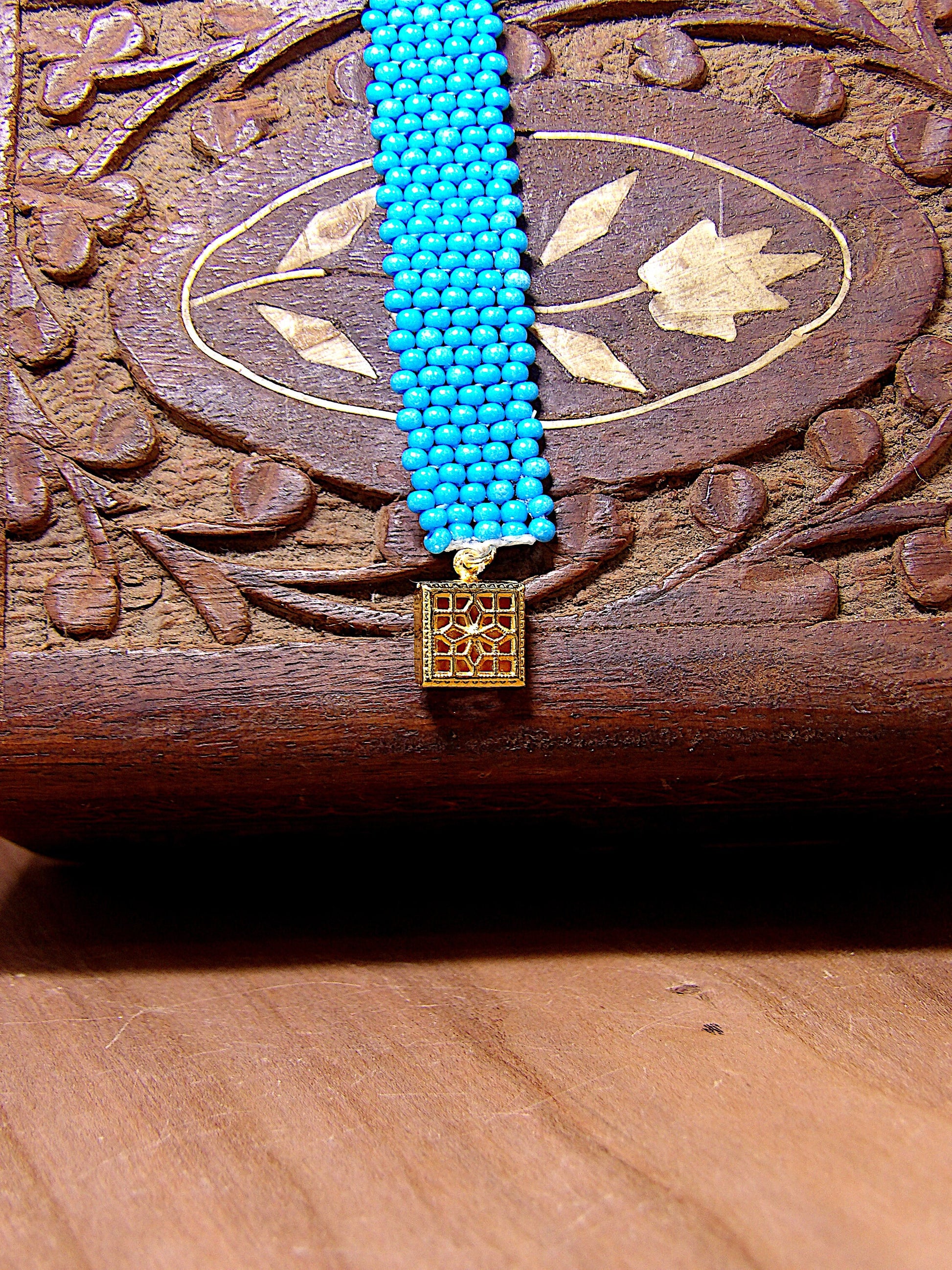 Blue Turquoise Czech Glass Seed Bead Bracelet w/Gold Filigree Box Clasp | Beaded Boho Cuff Bracelet | Woven Bohemian Jewelry | Boutique Gift