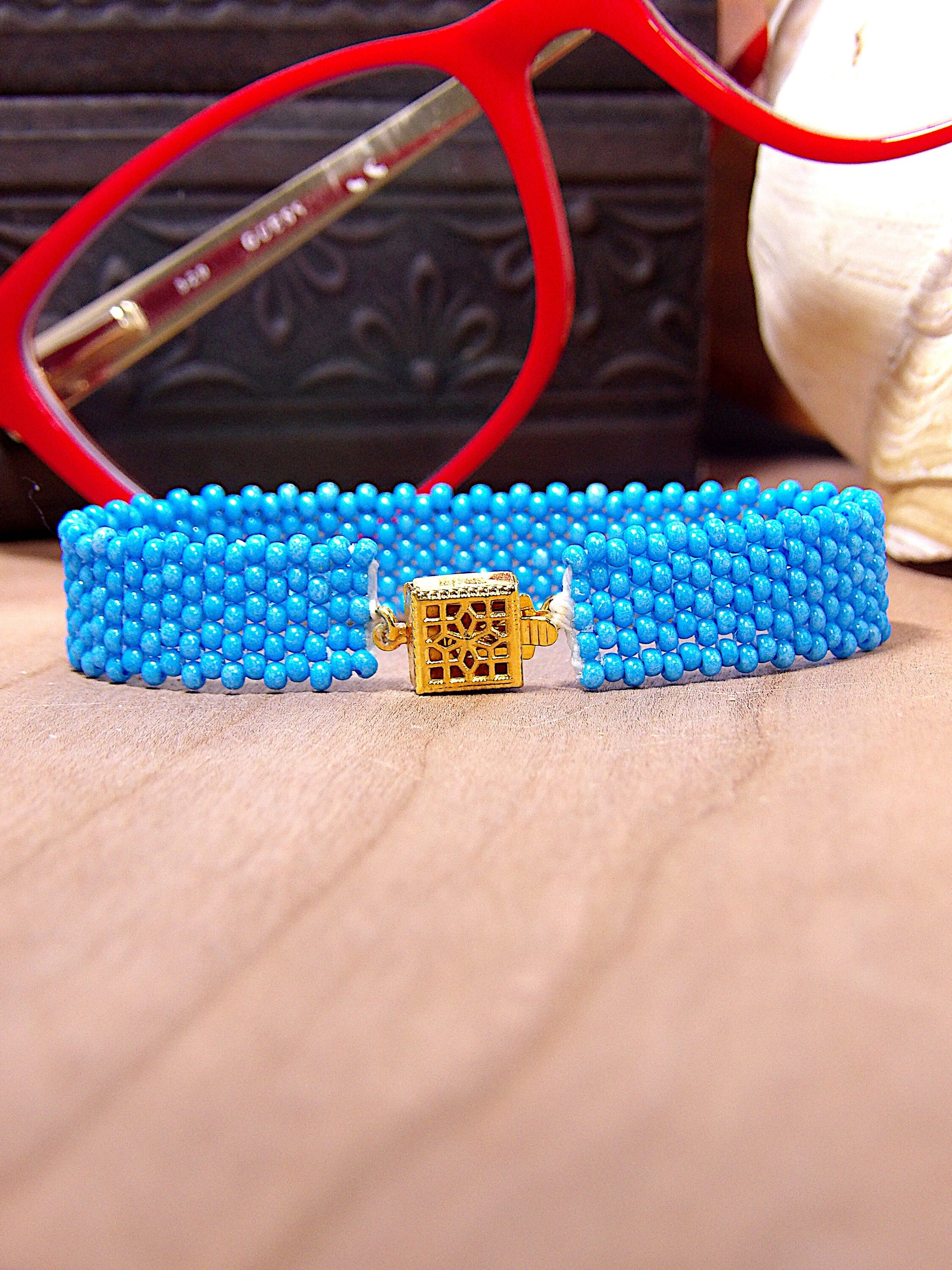 Blue Turquoise Czech Glass Seed Bead Bracelet w/Gold Filigree Box Clasp | Beaded Boho Cuff Bracelet | Woven Bohemian Jewelry | Boutique Gift