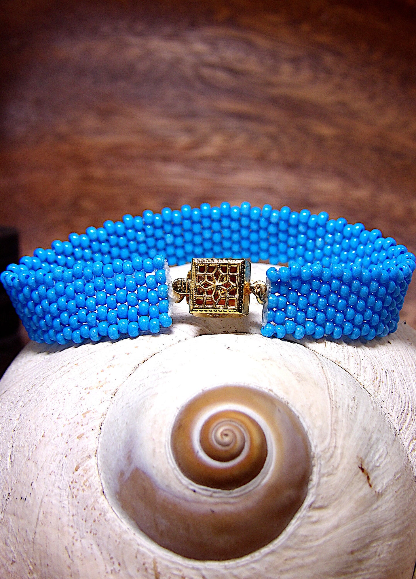 Blue Turquoise Czech Glass Seed Bead Bracelet w/Gold Filigree Box Clasp | Beaded Boho Cuff Bracelet | Woven Bohemian Jewelry | Boutique Gift