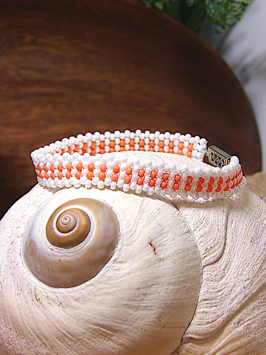 Dainty Pearl White & Light Peach Coral Czech Glass Seed Bead Bracelet W/Orante Clasp | Woven Bohemian Jewelry | Handmade USA Boutique Gift
