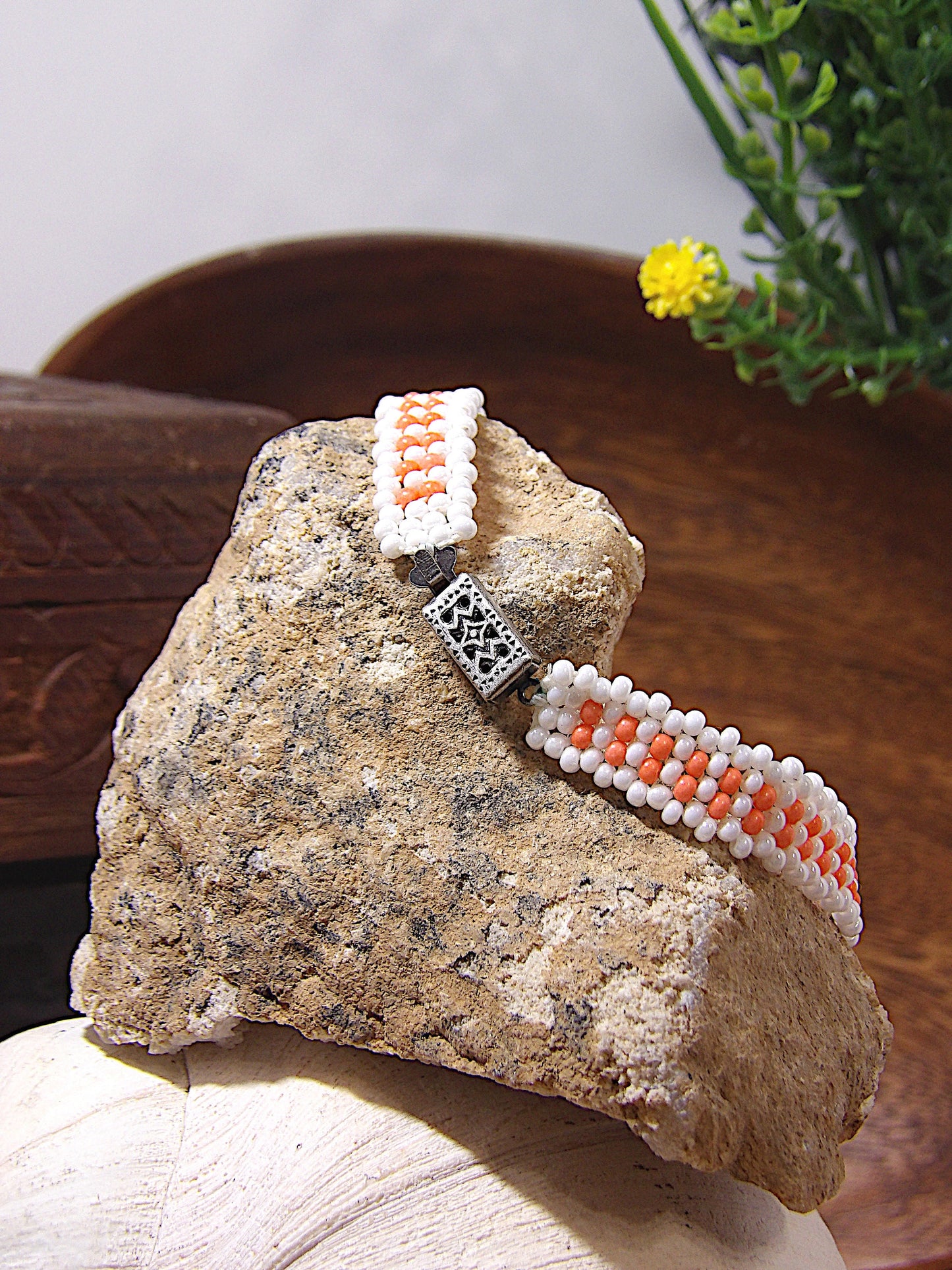 Dainty Pearl White & Light Peach Coral Czech Glass Seed Bead Bracelet W/Orante Clasp | Woven Bohemian Jewelry | Handmade USA Boutique Gift
