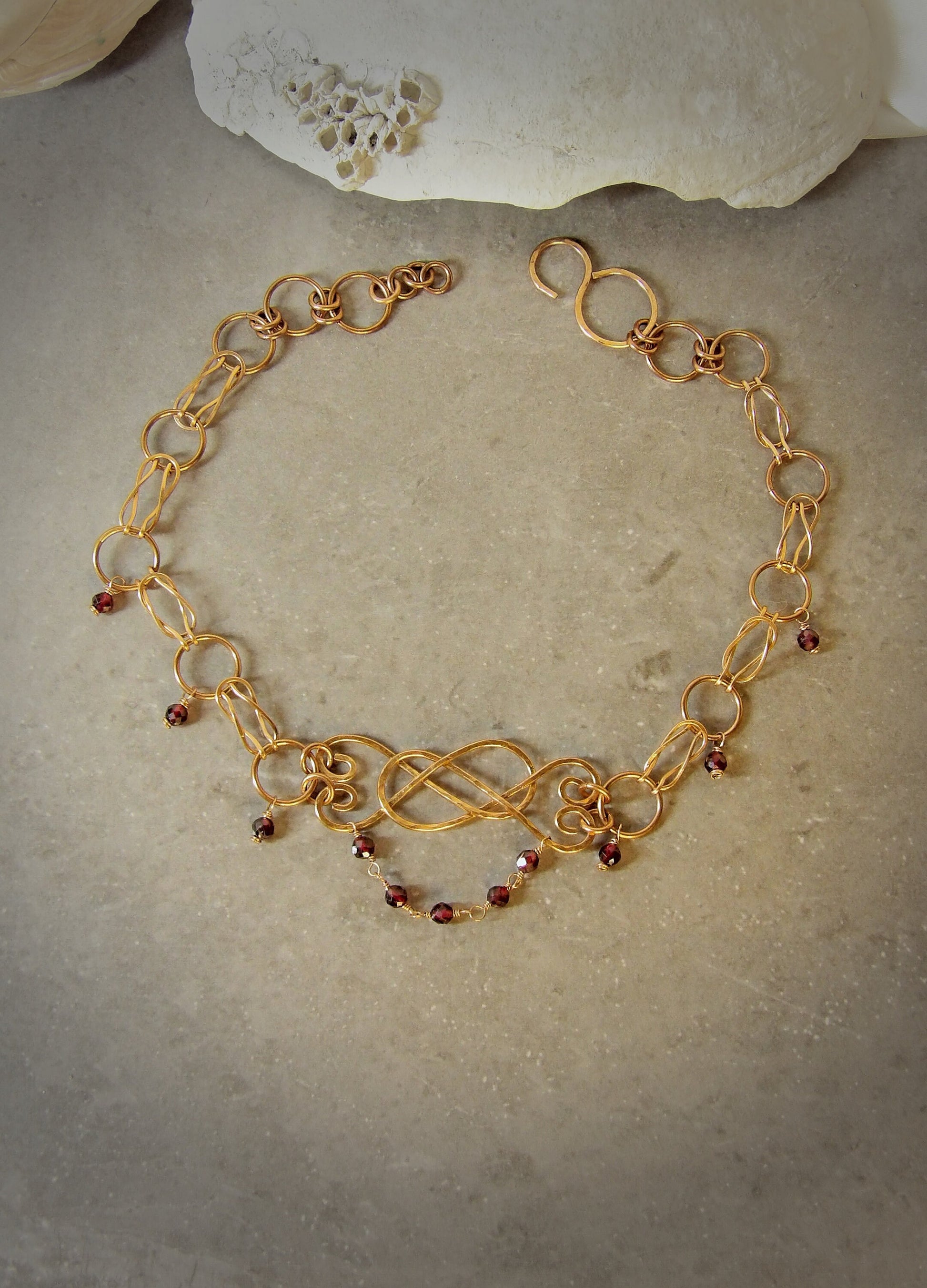 Garnet choker, hercules knot, lovers knot, sailors knot, choker necklace, january birthstone, symbolic jewelry
