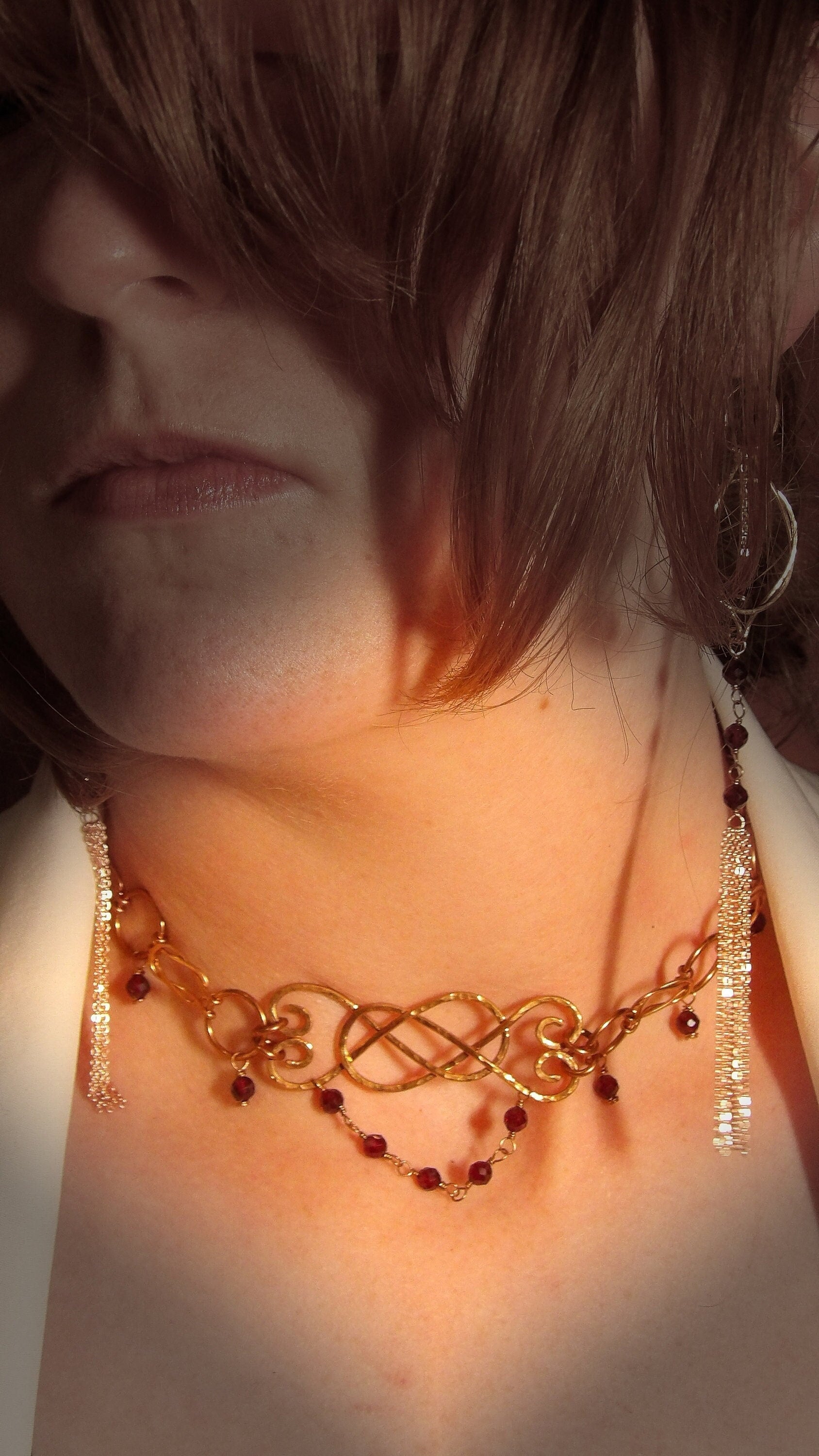 Garnet choker, hercules knot, lovers knot, sailors knot, choker necklace, january birthstone, symbolic jewelry