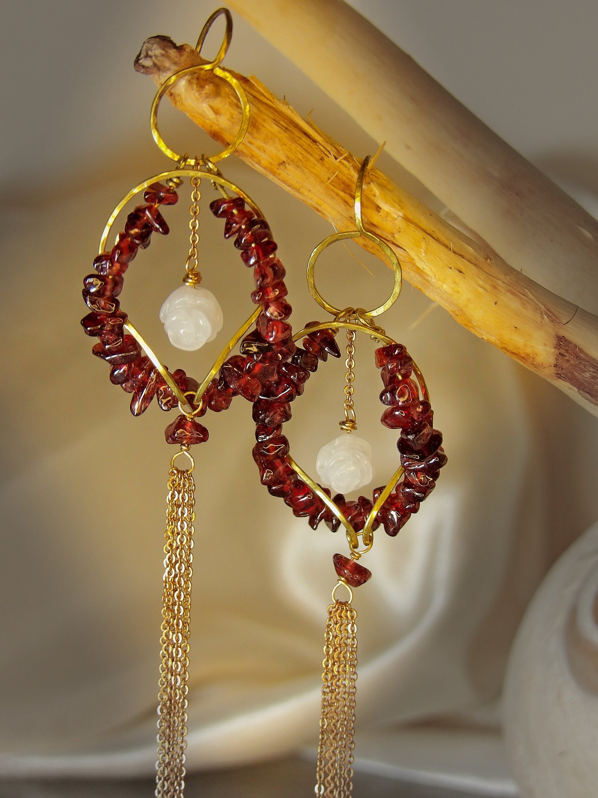 Genuine Garnet Earrings With White Jade Roses Hellenistic Style | Symbolic Jewelry | Ancient Greek Knot | January Birthstone