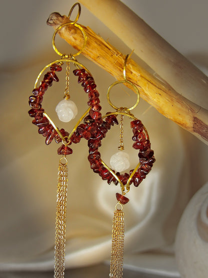 Genuine Garnet Earrings With White Jade Roses Hellenistic Style | Symbolic Jewelry | Ancient Greek Knot | January Birthstone