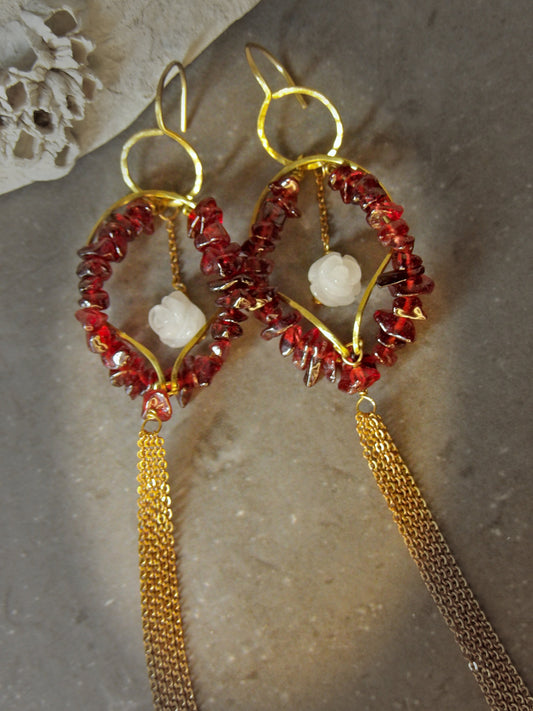 Genuine Garnet Earrings With White Jade Roses Hellenistic Style | Symbolic Jewelry | Ancient Greek Knot | January Birthstone