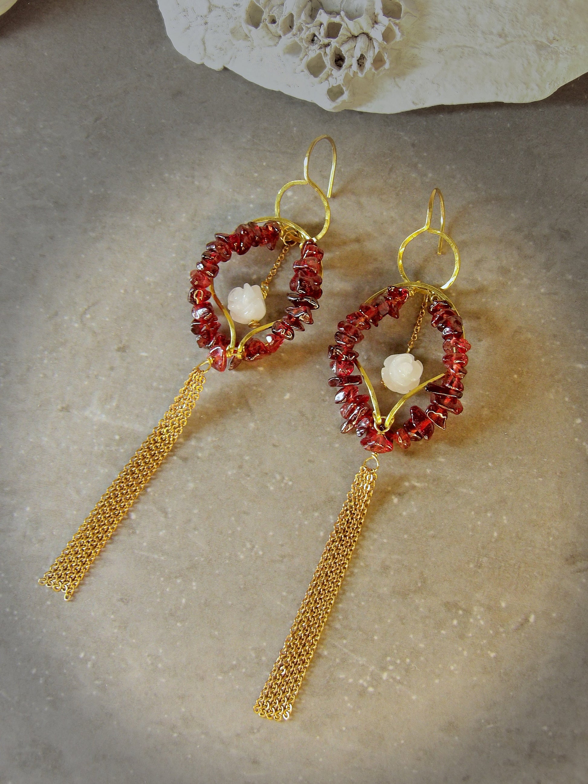 Genuine Garnet Earrings With White Jade Roses Hellenistic Style | Symbolic Jewelry | Ancient Greek Knot | January Birthstone