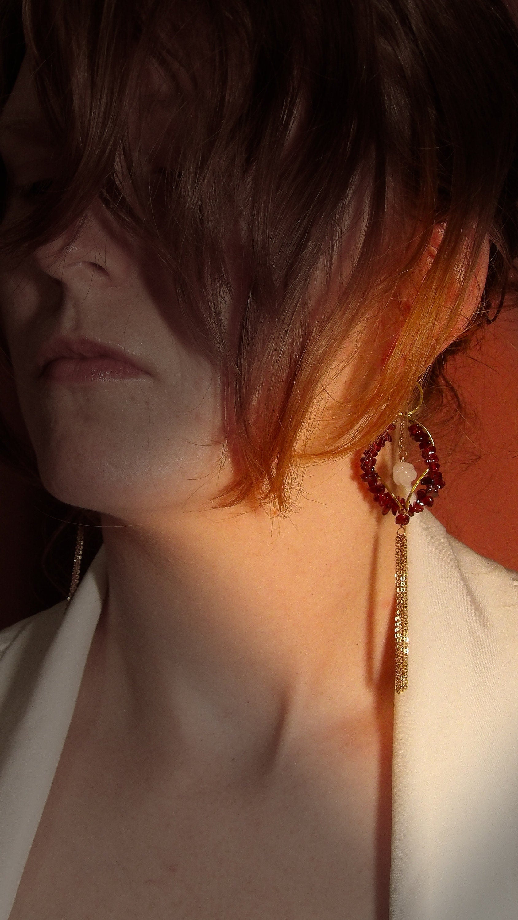 Genuine Garnet Earrings With White Jade Roses Hellenistic Style | Symbolic Jewelry | Ancient Greek Knot | January Birthstone
