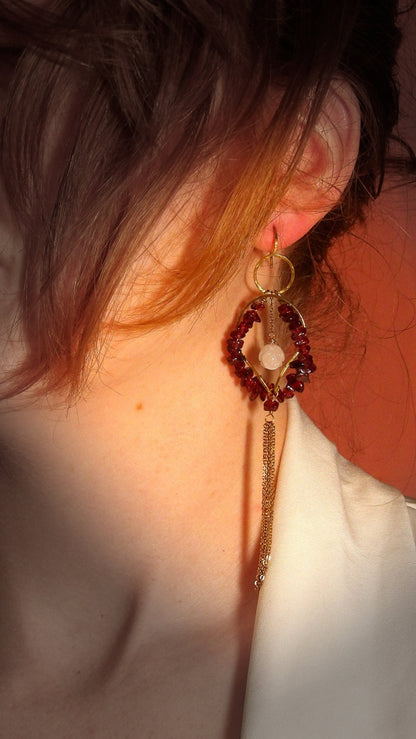 Genuine Garnet Earrings With White Jade Roses Hellenistic Style | Symbolic Jewelry | Ancient Greek Knot | January Birthstone