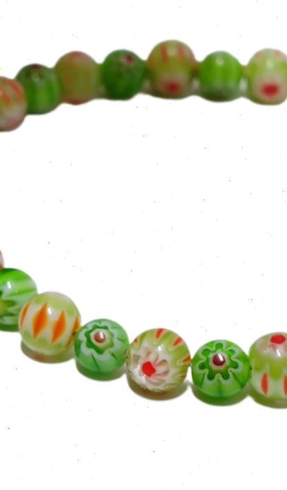 Mosaic Green Millefiori Glass Bracelet – Floral Designs | Whimsical Nature-Inspired Jewelry | Handmade USA Gift for Her | Eclectic Jewelry