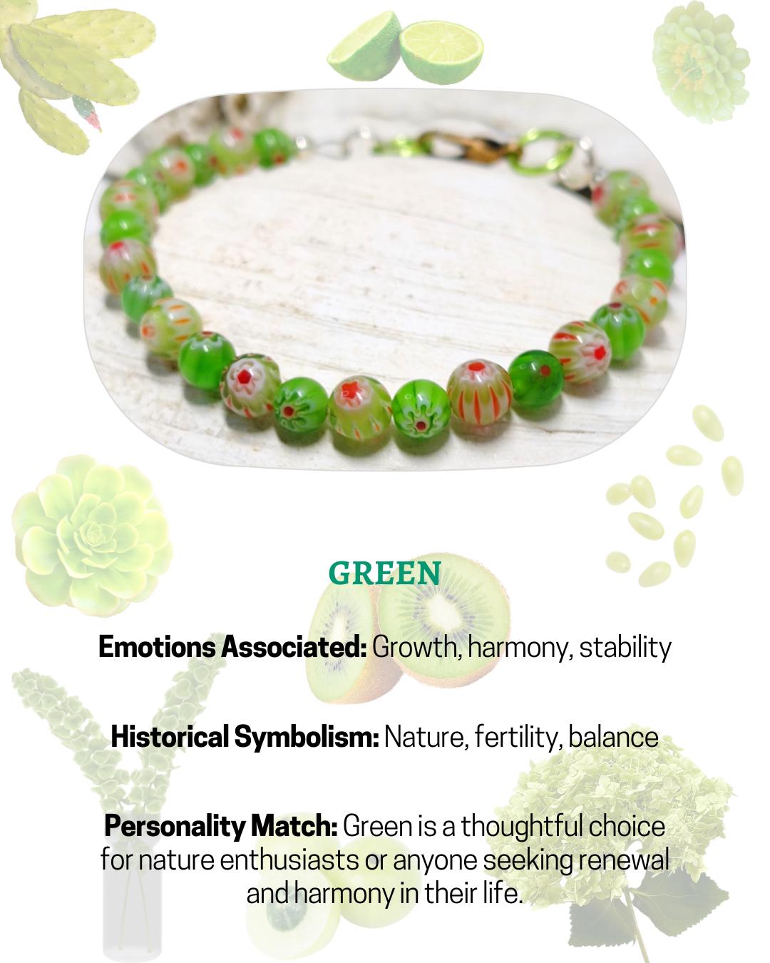 Mosaic Green Millefiori Glass Bracelet – Floral Designs | Whimsical Nature-Inspired Jewelry | Handmade USA Gift for Her | Eclectic Jewelry