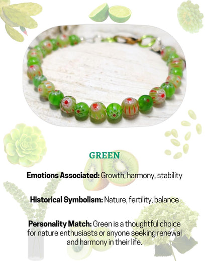 Mosaic Green Millefiori Glass Bracelet – Floral Designs | Whimsical Nature-Inspired Jewelry | Handmade USA Gift for Her | Eclectic Jewelry