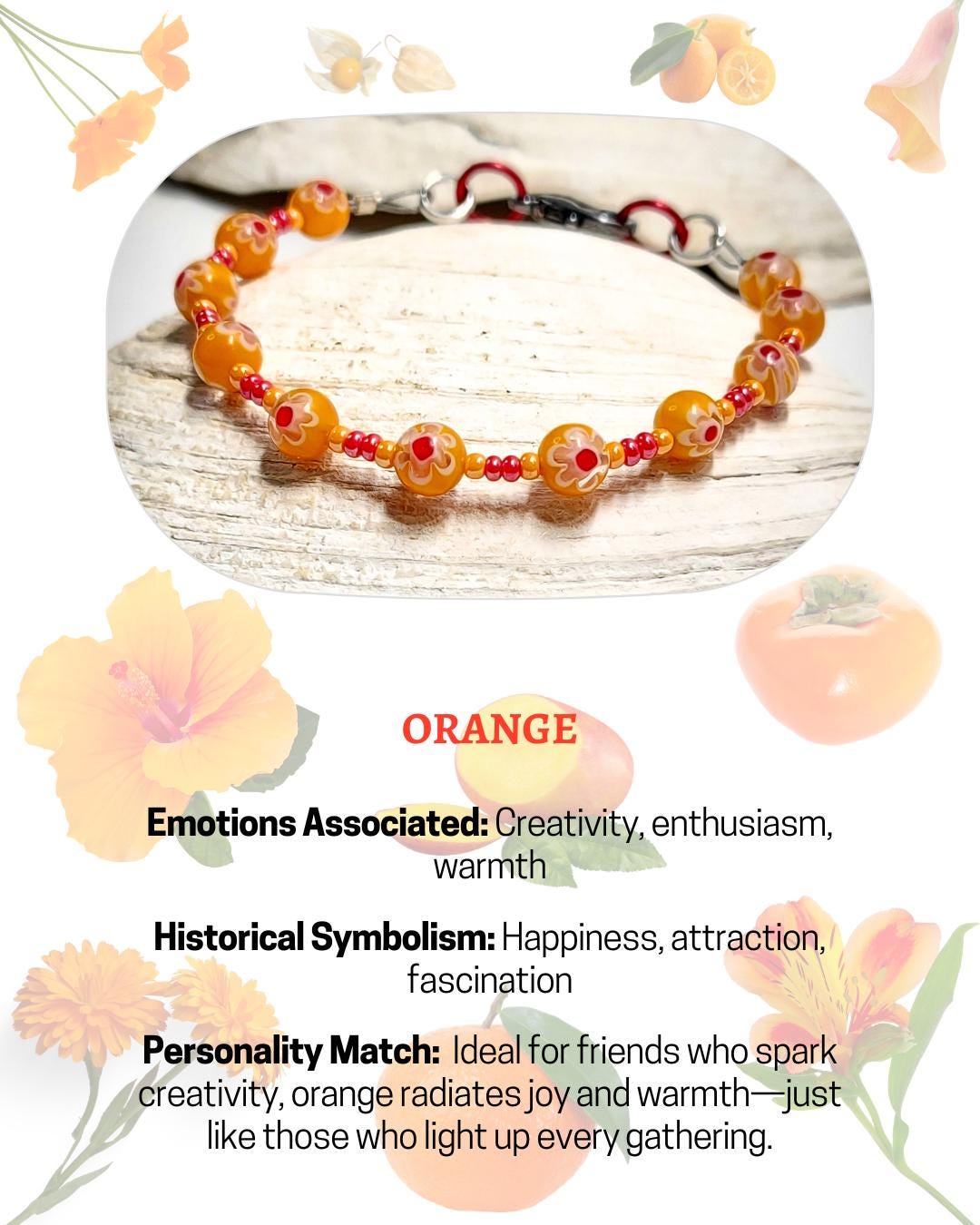millefiori glass bracelet made with floral mosaic beads in orange and red. Bohemian style jewelry