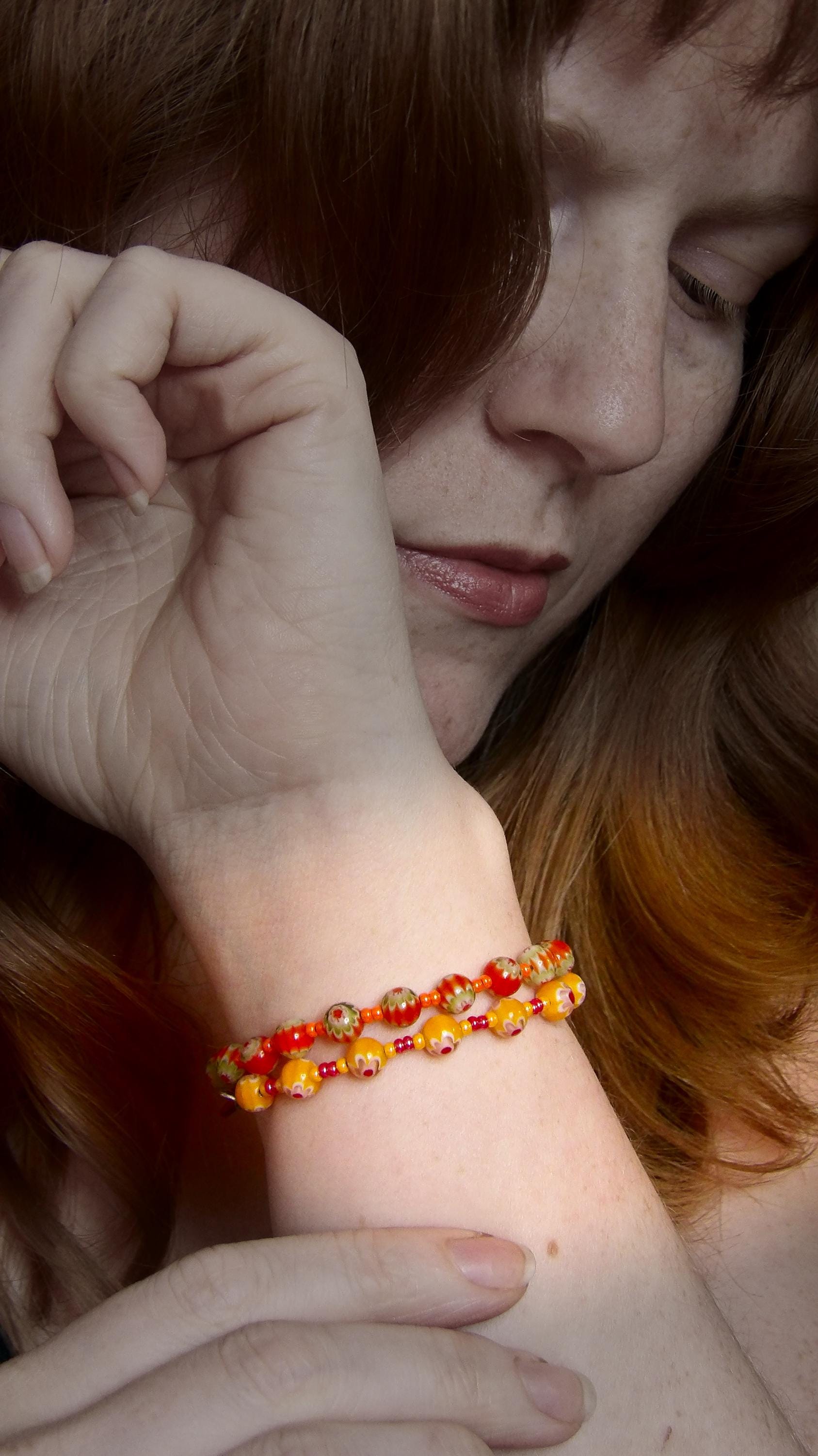 Mosaic Millefiori Glass Bracelet –Yellow & Red Floral Design | Whimsical Glass Bead Bracelet | USA Made Gift For Her | Eclectic Jewlery