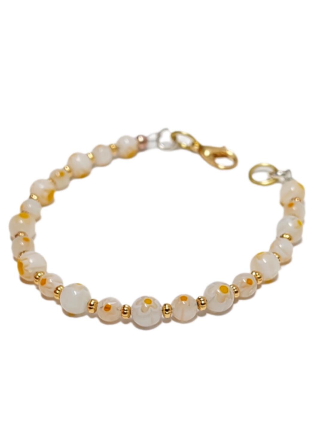 Mosaic Millefiori Glass Bracelet – White & Yellow Floral Design | Whimsical Glass Bead Bracelet | USA Made Gift For Her | Eclectic Jewlery
