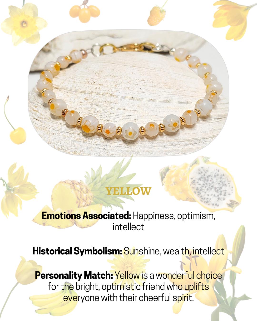 Mosaic Millefiori Glass Bracelet – White & Yellow Floral Design | Whimsical Glass Bead Bracelet | USA Made Gift For Her | Eclectic Jewlery