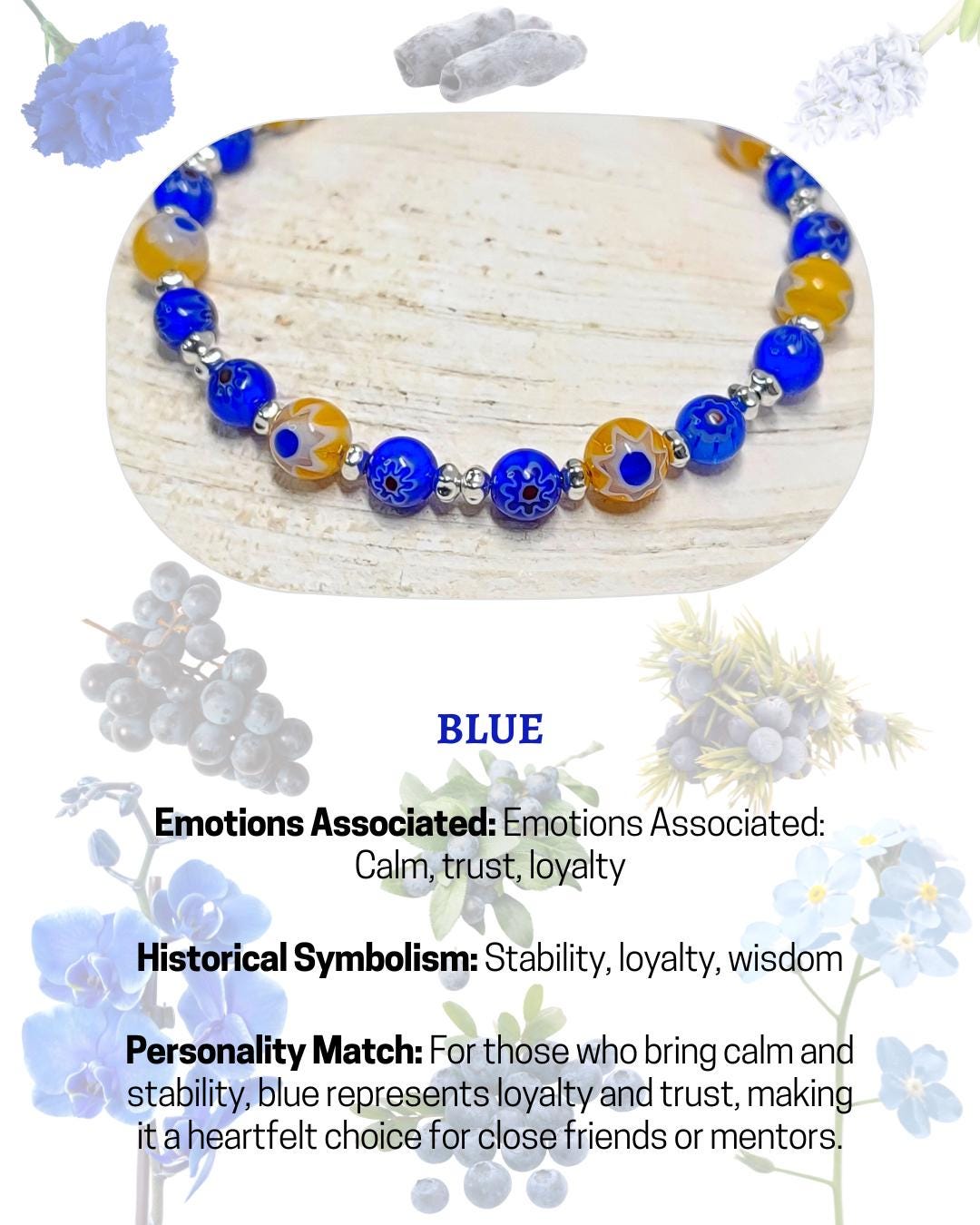 blue and yellow mosaic glass bracelet made with floral millefiori and star place spacer beads in a bohemian style.