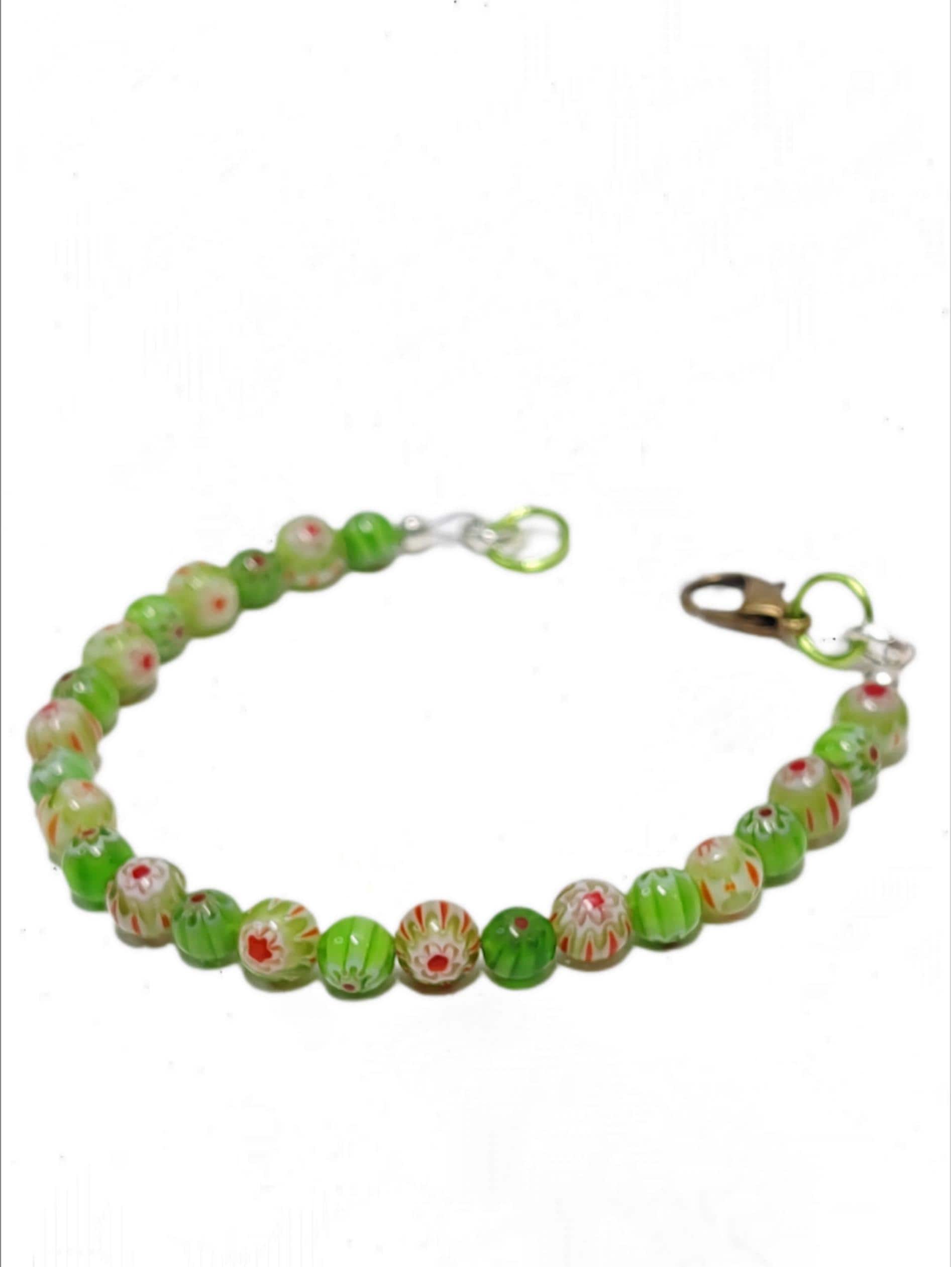 Mosaic Green Millefiori Glass Bracelet – Floral Designs | Whimsical Nature-Inspired Jewelry | Handmade USA Gift for Her | Eclectic Jewelry