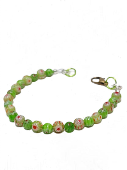 Mosaic Green Millefiori Glass Bracelet – Floral Designs | Whimsical Nature-Inspired Jewelry | Handmade USA Gift for Her | Eclectic Jewelry