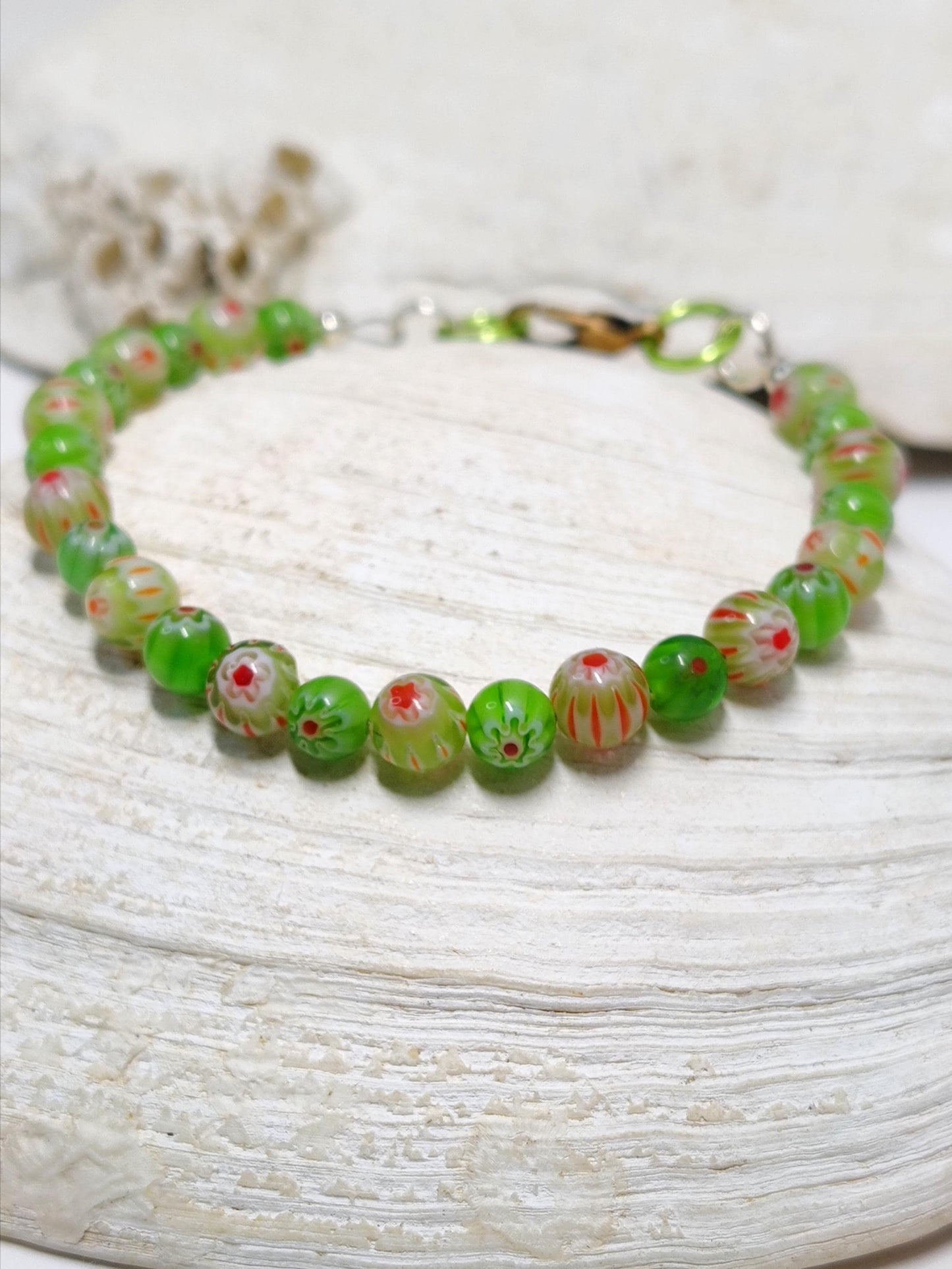 Mosaic Green Millefiori Glass Bracelet – Floral Designs | Whimsical Nature-Inspired Jewelry | Handmade USA Gift for Her | Eclectic Jewelry