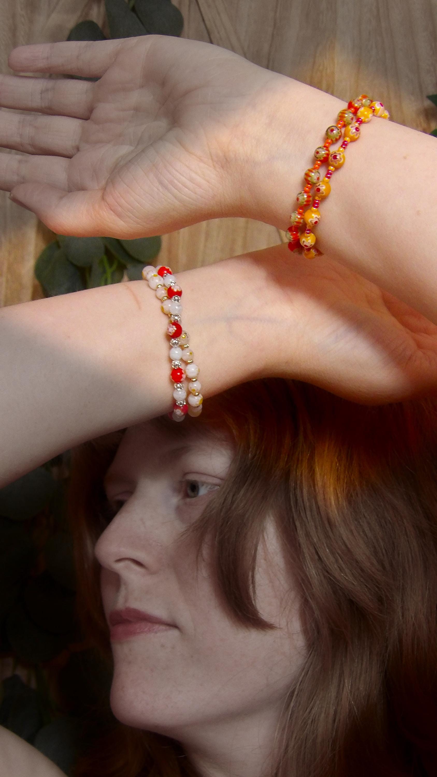 Mosaic Millefiori Glass Bracelet –Yellow & Red Floral Design | Whimsical Glass Bead Bracelet | USA Made Gift For Her | Eclectic Jewlery