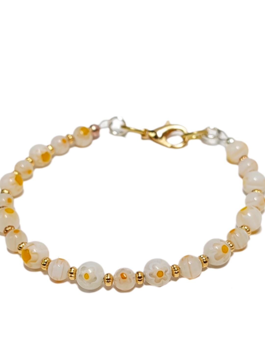 Mosaic Millefiori Glass Bracelet – White & Yellow Floral Design | Whimsical Glass Bead Bracelet | USA Made Gift For Her | Eclectic Jewlery