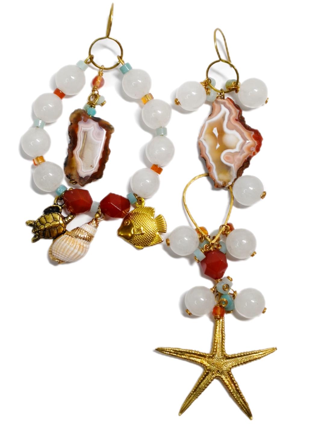 Asymmetrical Agate Slice Earrings With Mixed Gemstones | Ocean-Inspired Handmade Jewlery With Sea Charms | Eclectic Coastal Gift For Her