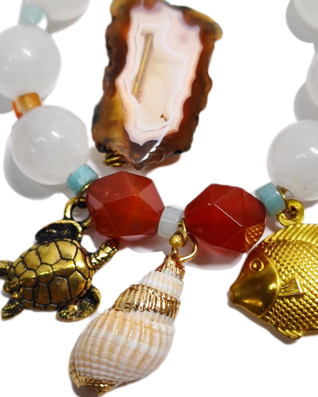 Asymmetrical Agate Slice Earrings With Mixed Gemstones | Ocean-Inspired Handmade Jewlery With Sea Charms | Eclectic Coastal Gift For Her