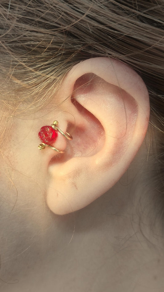 Flower ear cuff with bronze frame and red Czech glass flower bead. Wildflower inspired boho jewelry. No piercing ear cuff for women