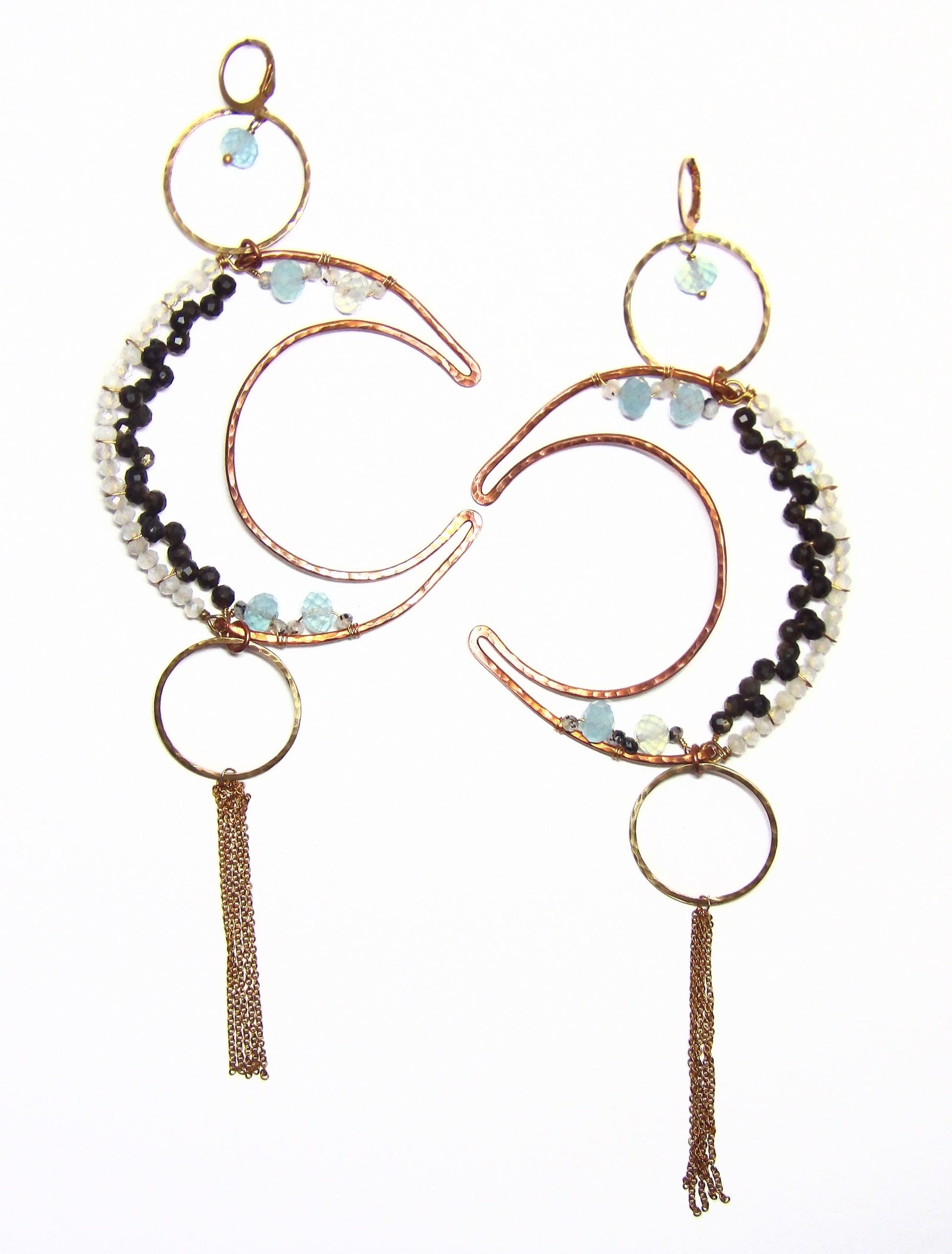 Large Hammered Copper Crescent Moon Earrings Ft. Natural Moonstone, Golden Obsidian & Aquamarine
