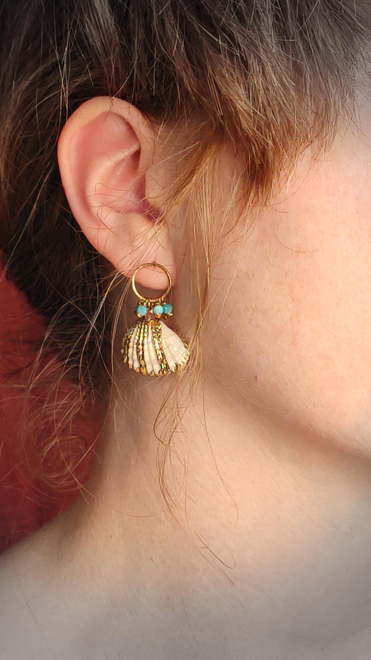Real Clam Shell Bohemian Stud Earrings With amazonite and strawberry quartz accents. Hand forged raw bronze open circle studs with a beachy aesthetic. Perfect for everyday wear