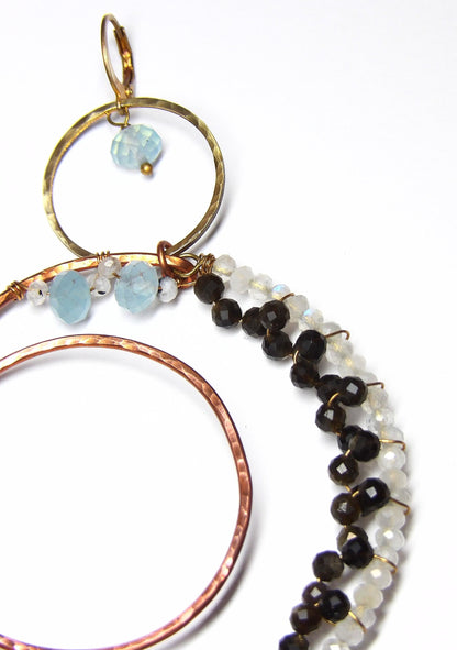 Large Hammered Copper Crescent Moon Earrings Ft. Natural Moonstone, Golden Obsidian & Aquamarine