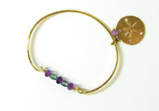 Hammered Brass Bangle with Fluorite & Amethyst Beads and Sand Dollar Charm – Tidal Collection
