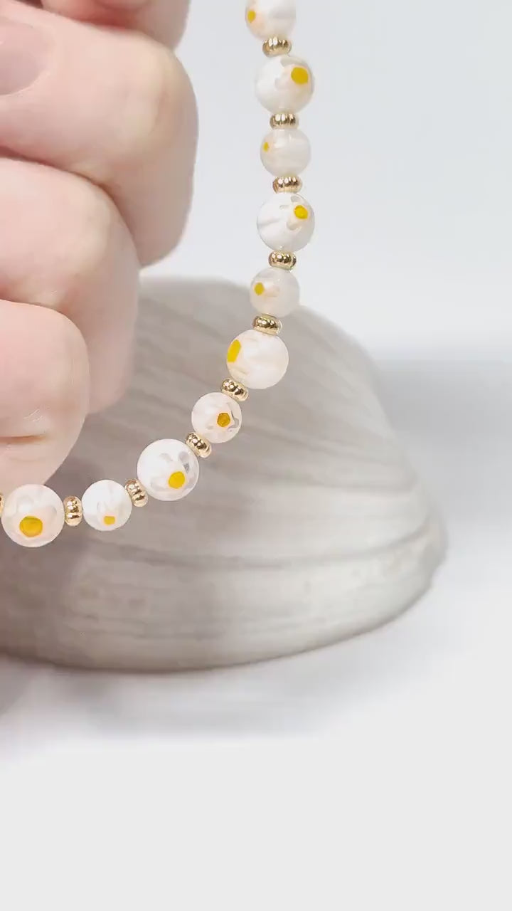 Mosaic Millefiori Glass Bracelet – White & Yellow Floral Design | Whimsical Glass Bead Bracelet | USA Made Gift For Her | Eclectic Jewlery