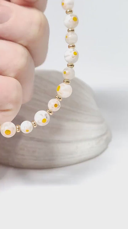 Mosaic Millefiori Glass Bracelet – White & Yellow Floral Design | Whimsical Glass Bead Bracelet | USA Made Gift For Her | Eclectic Jewlery