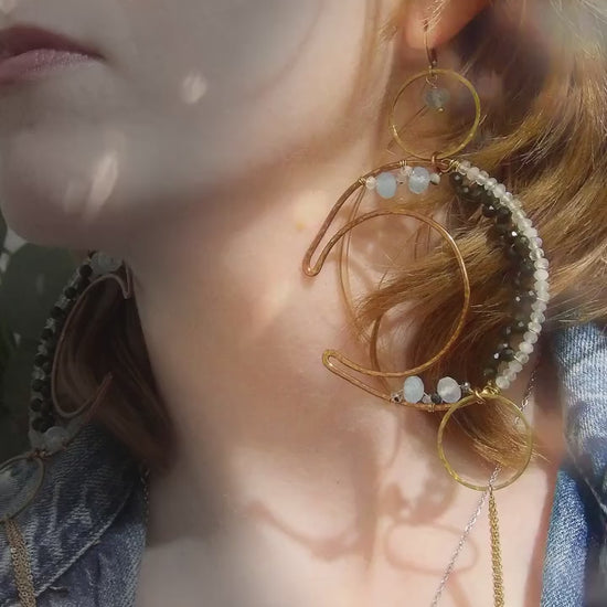 Large Hammered Copper Crescent Moon Earrings | Moonstone, Golden Obsidian, Aquamarine Jewelry | Copper Wedding Anniversary Gift For Her