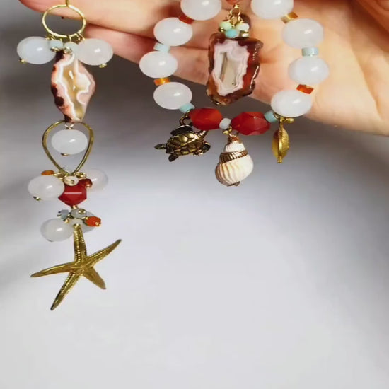 Asymmetrical Agate Slice Earrings With Mixed Gemstones | Ocean-Inspired Handmade Jewlery With Sea Charms | Eclectic Coastal Gift For Her