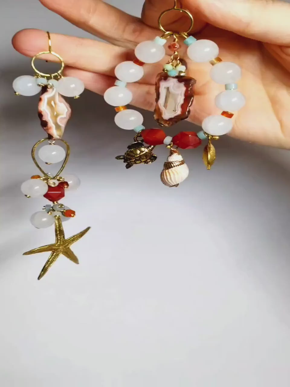 Asymmetrical Agate Slice Earrings With Mixed Gemstones | Ocean-Inspired Handmade Jewlery With Sea Charms | Eclectic Coastal Gift For Her