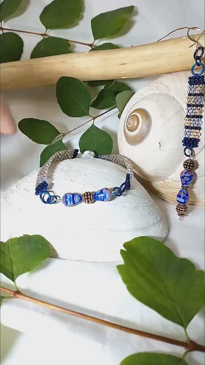 Handmade Boho Jewelry Set - Czech Glass Seed Bead Bracelet & Dangle Earrings w/Blue Millefiori  | Art Deco Statement Jewelry | Ladies Gift