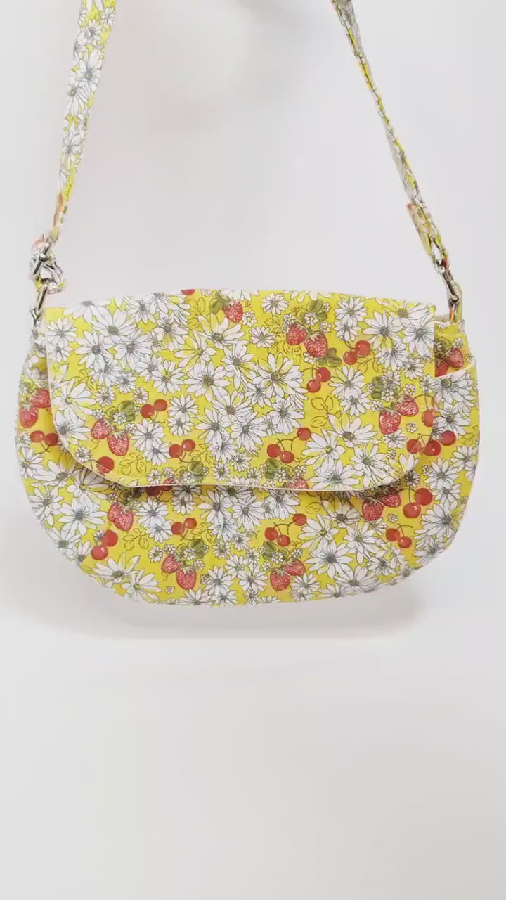 Floral Crossbody Purse with Daisies & Cherries | Handmade in Washington, USA | Small Boho Travel Cross Body Bag | Lightweight Festival Purse