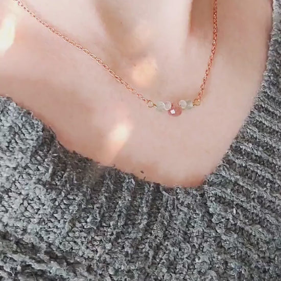 Dainty Bead Bar Necklace - Strawberry Quartz Drop, White Topaz, Fluorite | Sustainable Fashion | Ethical Gemstones | Meaningful Gift For Her