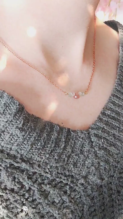Dainty Bead Bar Necklace - Strawberry Quartz Drop, White Topaz, Fluorite | Sustainable Fashion | Ethical Gemstones | Meaningful Gift For Her