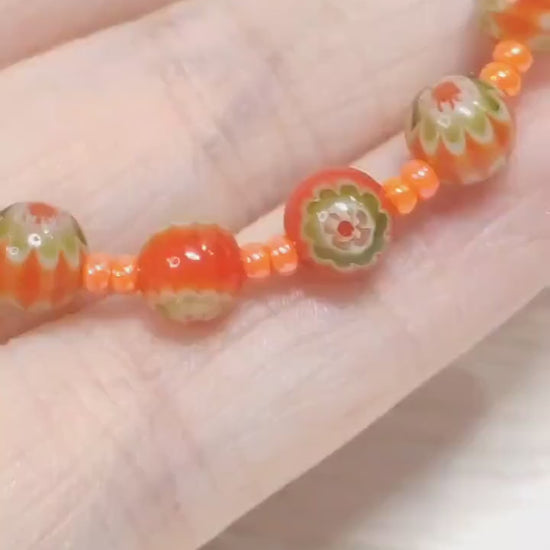 Mosaic Millefiori Glass Bracelet – Orange & Green Floral Design | Whimsical Glass Bead Bracelet | USA Made Gift For Her | Eclectic Jewlery