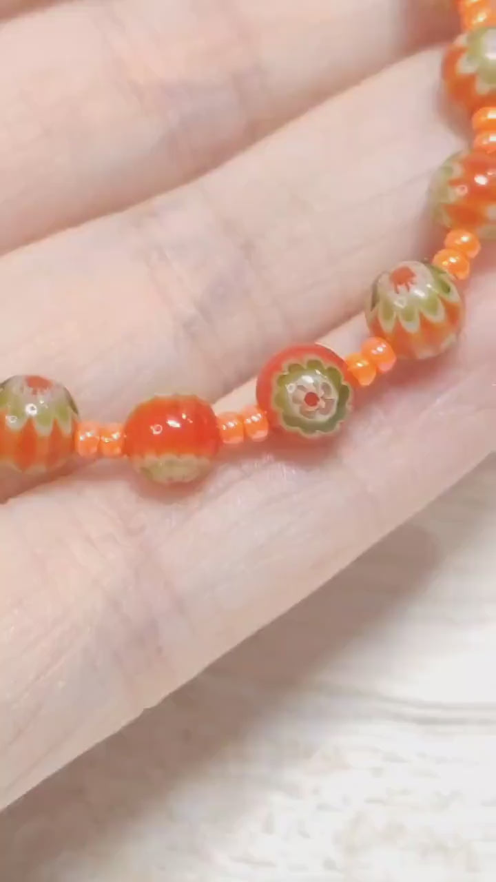 Mosaic Millefiori Glass Bracelet – Orange & Green Floral Design | Whimsical Glass Bead Bracelet | USA Made Gift For Her | Eclectic Jewlery