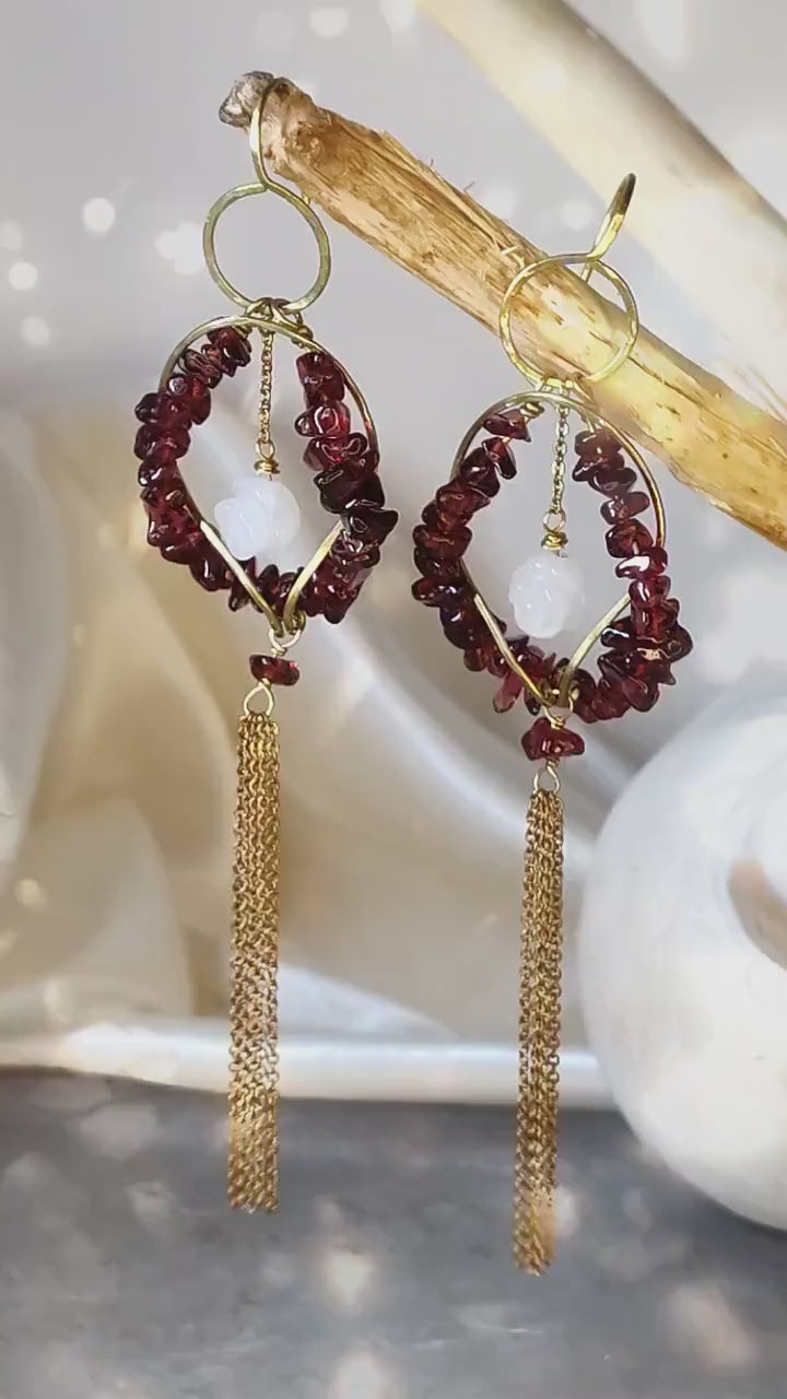 Genuine Garnet Earrings With White Jade Roses Hellenistic Style | Symbolic Jewelry | Ancient Greek Knot | January Birthstone
