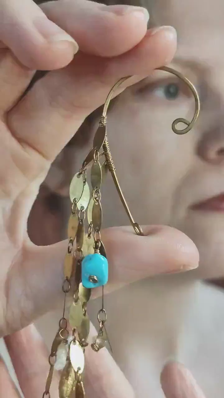 Fish Ear Cuff With Turquoise & Pearls | Mermaid Ear Cuff Wrap Earrings | Siren Jewely | USA Made Beachy Jewelry | Ocean Wrap Around Earrings