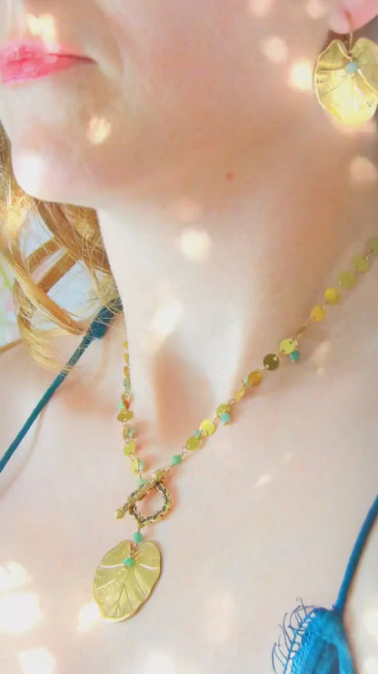 T Clasp Necklace Ft. Large Leaf Charm & Raw Emeralds | Toggle Necklace | Sustainable Fashion | Ethical Gemstone Jewelry Gift For Her