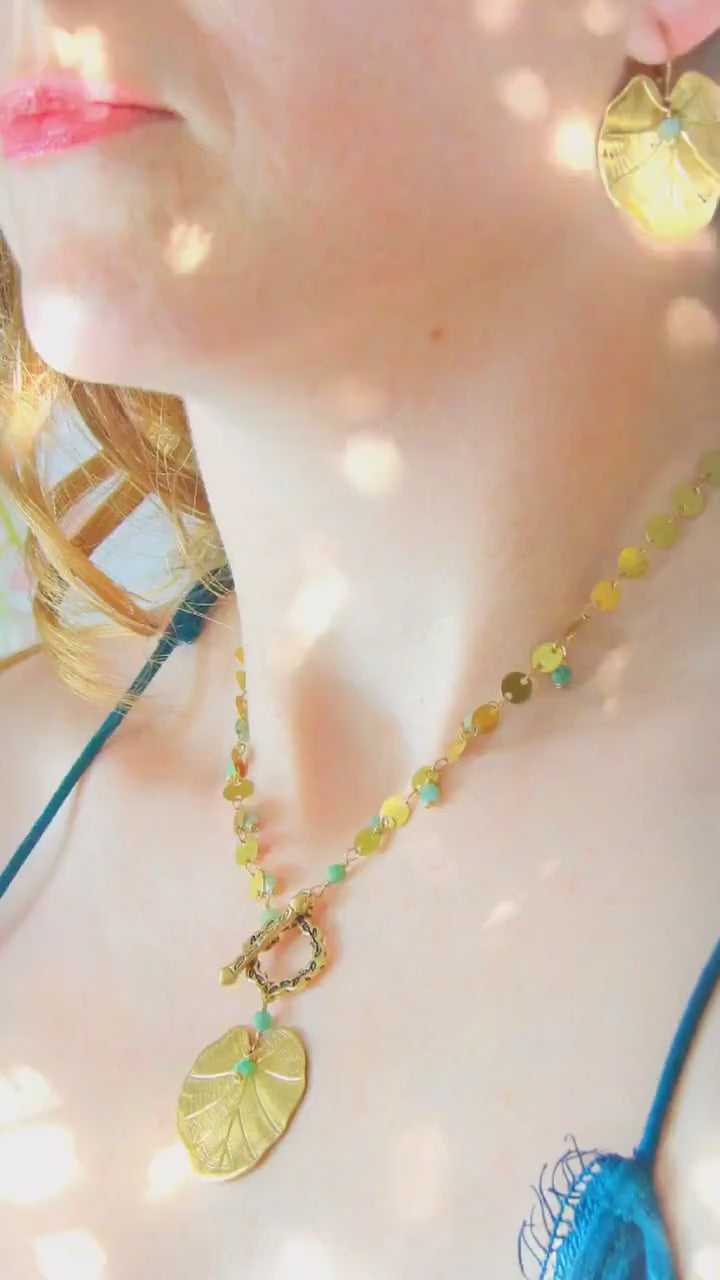 T Clasp Necklace Ft. Large Leaf Charm & Raw Emeralds | Toggle Necklace | Sustainable Fashion | Ethical Gemstone Jewelry Gift For Her
