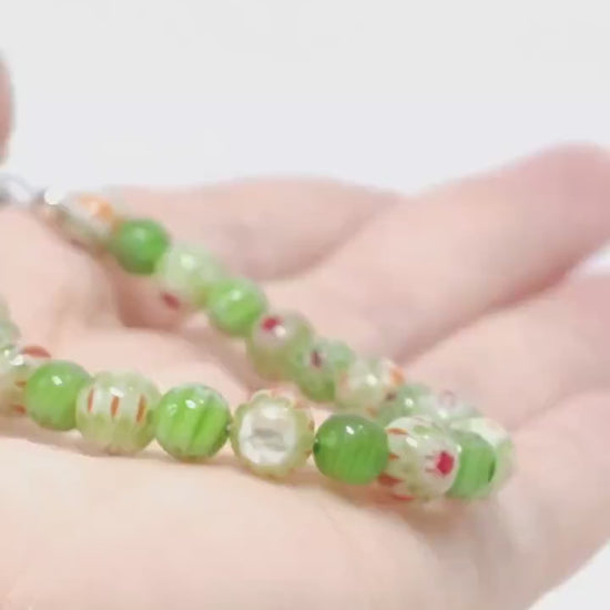 Mosaic Green Millefiori Glass Bracelet – Floral Designs | Whimsical Nature-Inspired Jewelry | Handmade USA Gift for Her | Eclectic Jewelry